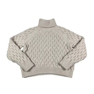 HM Womens Beige Chunky Cable Knit Turtleneck Sweater Wool Blend Large Fisherman